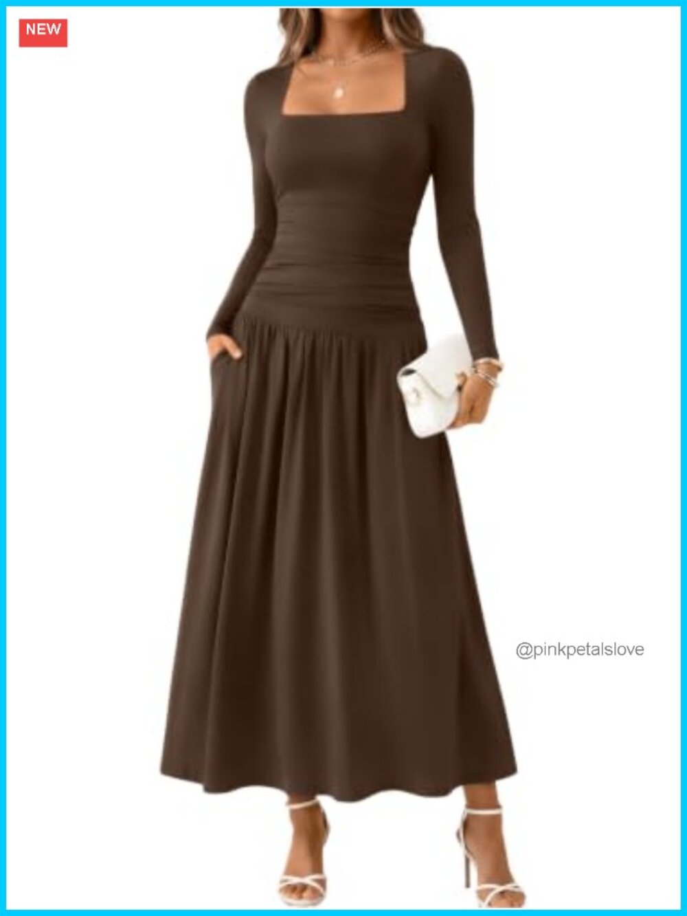Long Sleeve Maxi Dress with Pockets Square Neck Wedding Guest